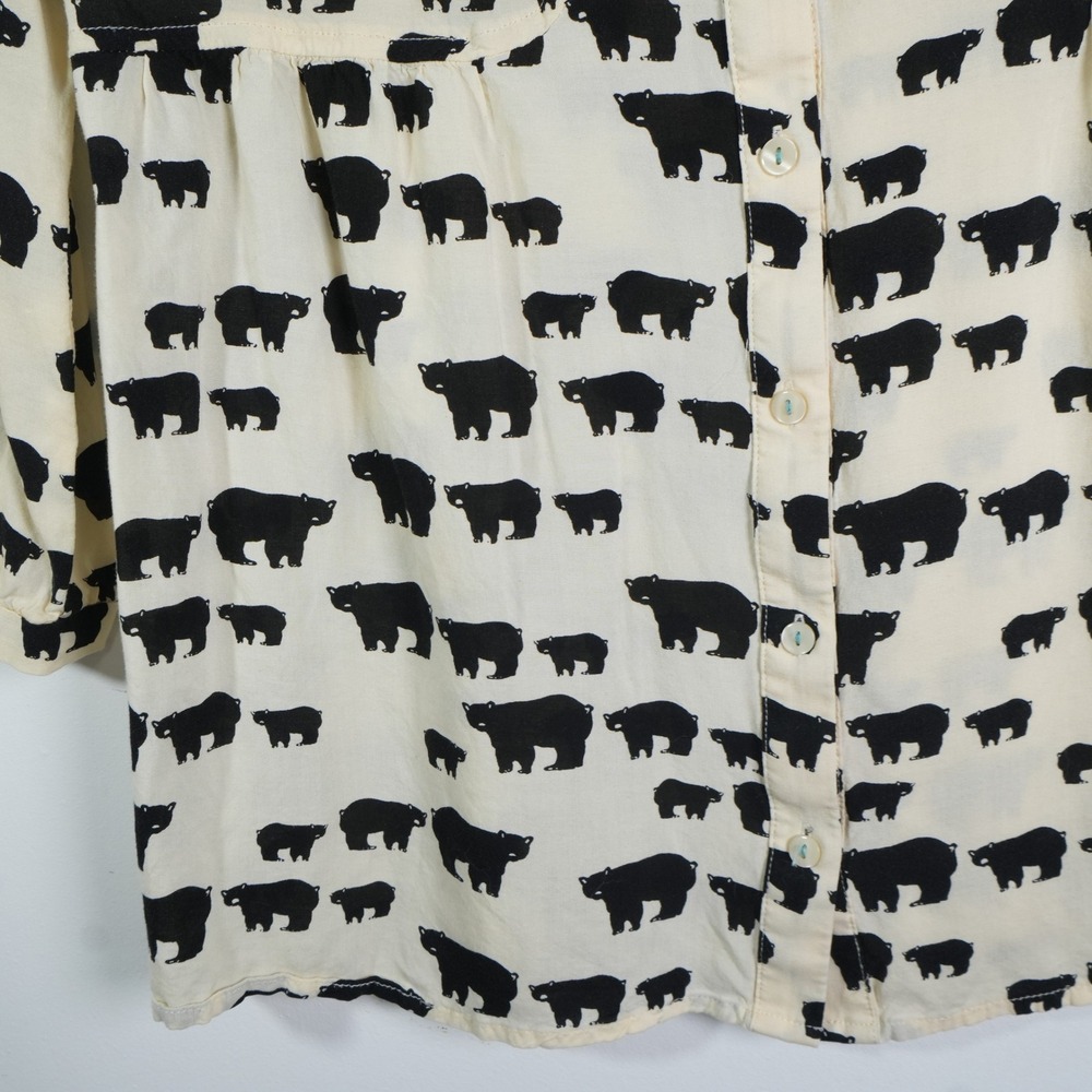 Maeve Bear Print Blouse Women 6 Cream Black Anthropologie Button Down 3/4 Sleeve - Picture 4 of 9